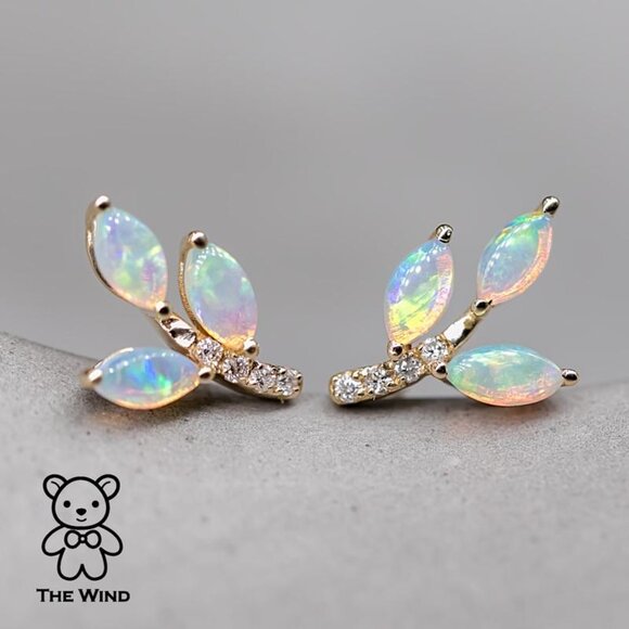 Olive Branch Leaf Design Australian Solid Opal Diamond Stud Earrings 14K Yellow - Picture 6 of 7